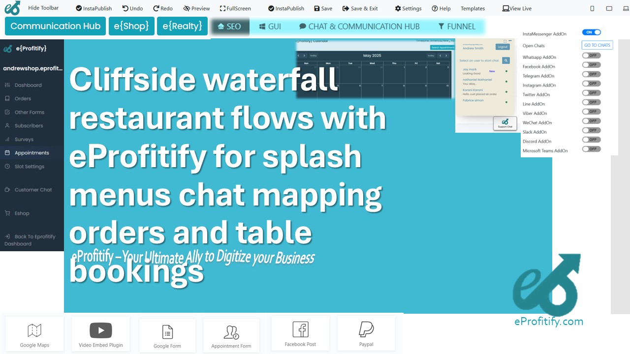 Cliffside waterfall restaurant flows with eProfitify for splash menus chat mapping orders and table bookings